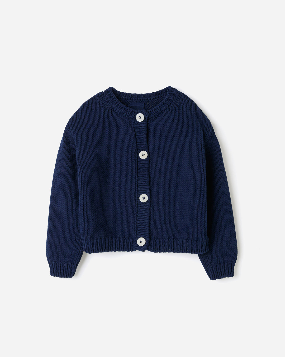 Navy Babaà kids cardigan No14 with long sleeves and button front, shown in silhouette image.