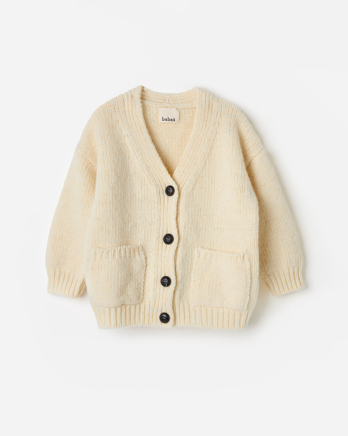 Kids' natural beige Babaà No17 cardigan with a cozy silhouette, soft knit fabric, and button-up front.