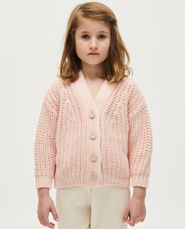 Kids' Babaà No18 cardigan in petal plum, soft knit with button closure and cozy fit, perfect for children.