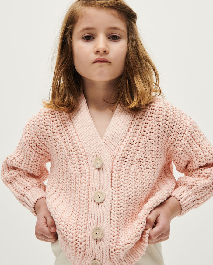 Kids' Babaà No18 Petal Plum cardigan, soft knit with button closure and ribbed cuffs, suitable for children.