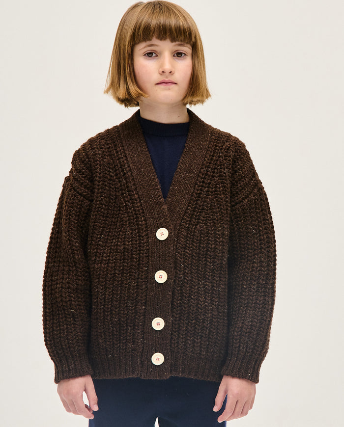 Kids' Babaà No19 Earth cardigan featuring a cozy, earthy-toned knit with button-up front and ribbed cuffs.