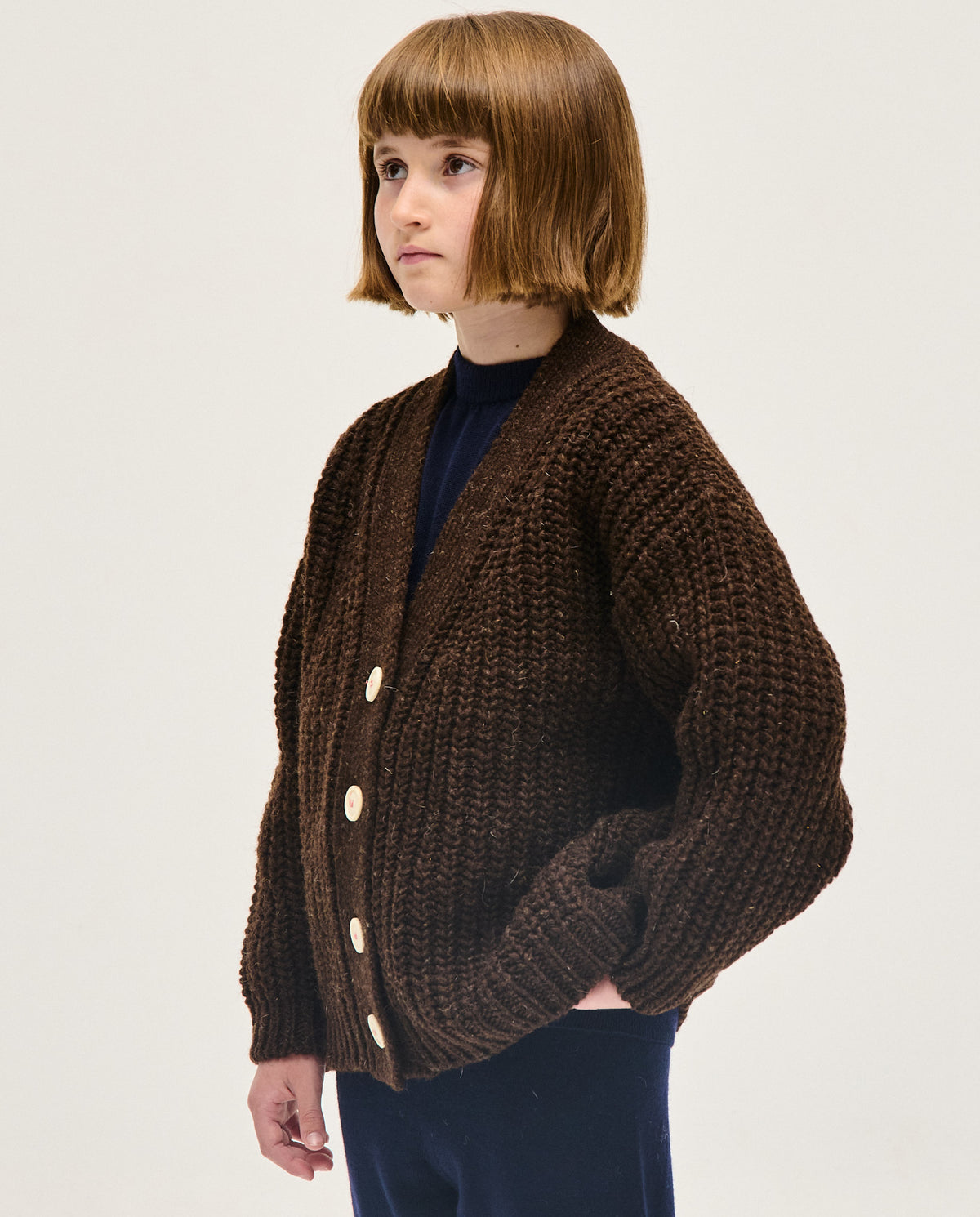 Babaà Kids No19 Earth cardigan, soft knit sweater for children in earthy tones, featuring a cozy, stylish design.