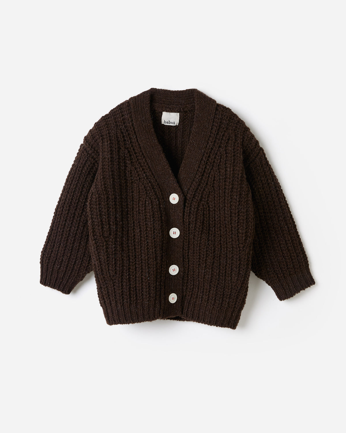 Kids' Babaà No19 Earth cardigan in a soft, earthy tone, displayed as a cozy, stylish silhouette for children.