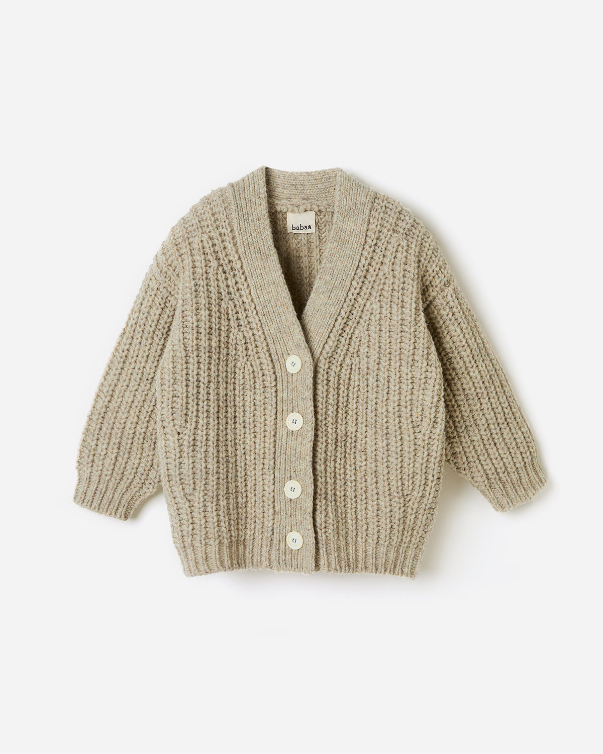 Child's Babaà No19 Mist cardigan shown in silhouette, featuring soft knit fabric and a cozy fit for kids.