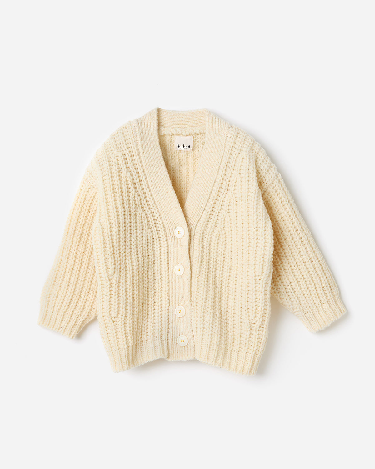 Kids' natural beige cardigan by Babaà, shown in silhouette with front buttons and soft knit texture.