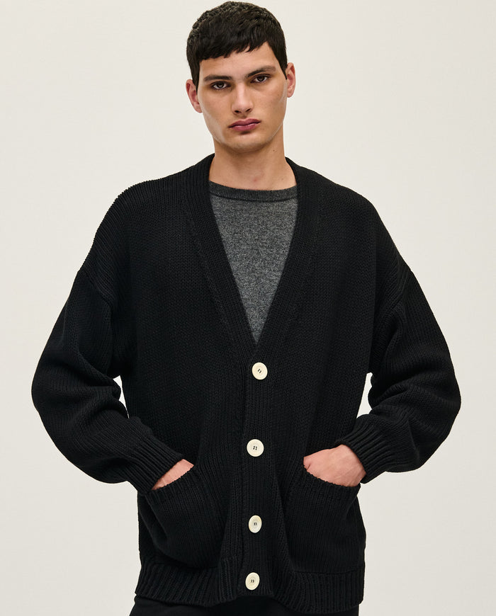 Black men's cardigan from Babaà, No16 style, featuring a comfortable knit design and front button closure.