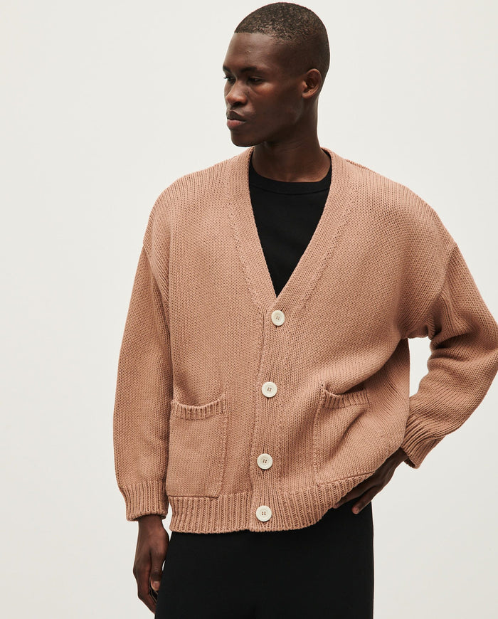 Babaà men's No16 roasted fig cardigan shown in a natural knit with button front and ribbed cuffs in a cozy, stylish design.
