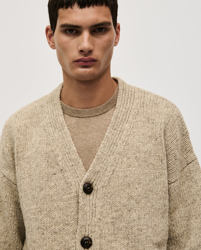 Babaà men's no17 Mist cardigan featuring a soft knit fabric, button-up front, and classic fit in a neutral tone.