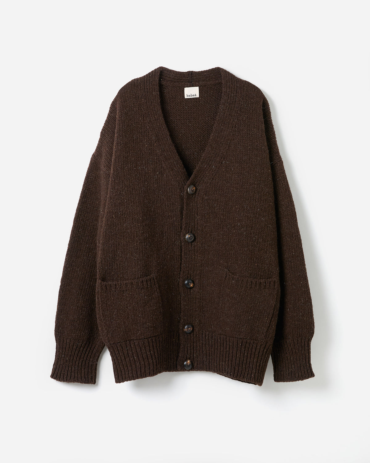 Silhouette of Babaà men's No17 Earth cardigan, showing its relaxed fit and earthy-toned knit fabric.