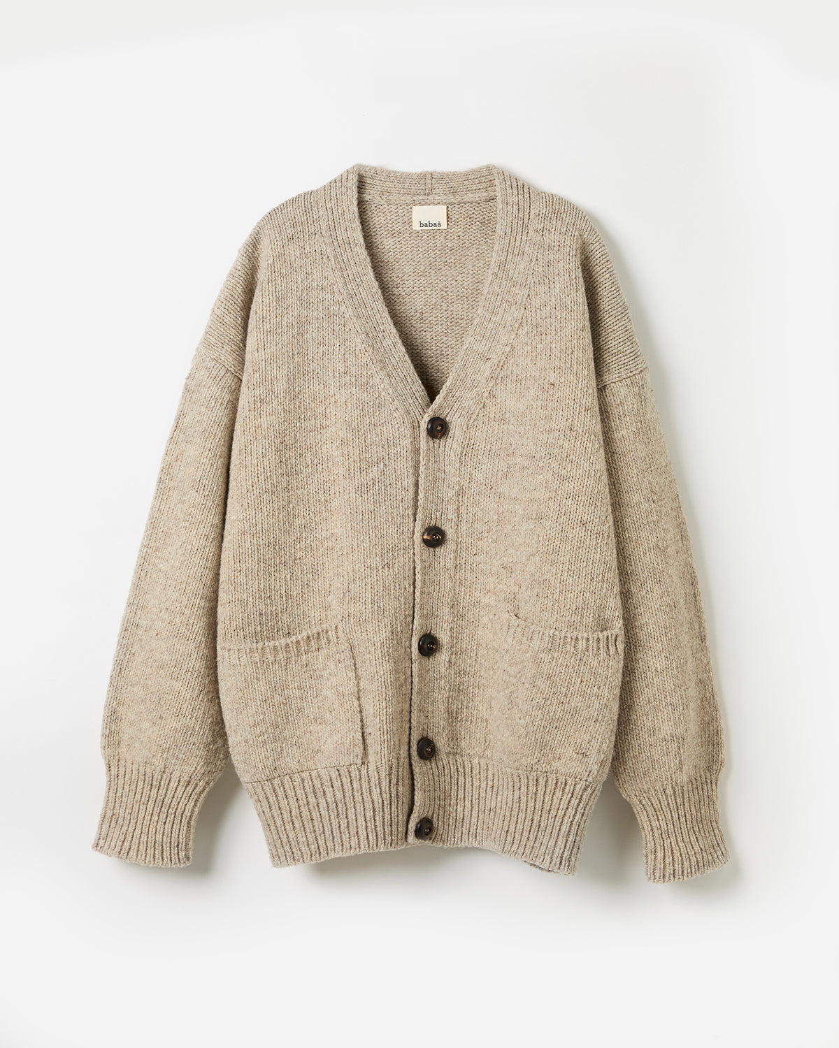 Silhouette of Babaà men's No17 Mist cardigan showing its relaxed fit and soft fabric in a neutral color.