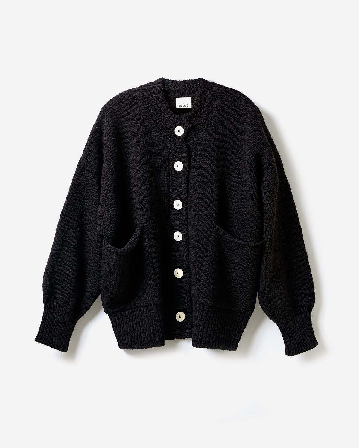 Black Babaà No11 women's cardigan shown in silhouette, featuring a soft knit fabric and classic open-front design.