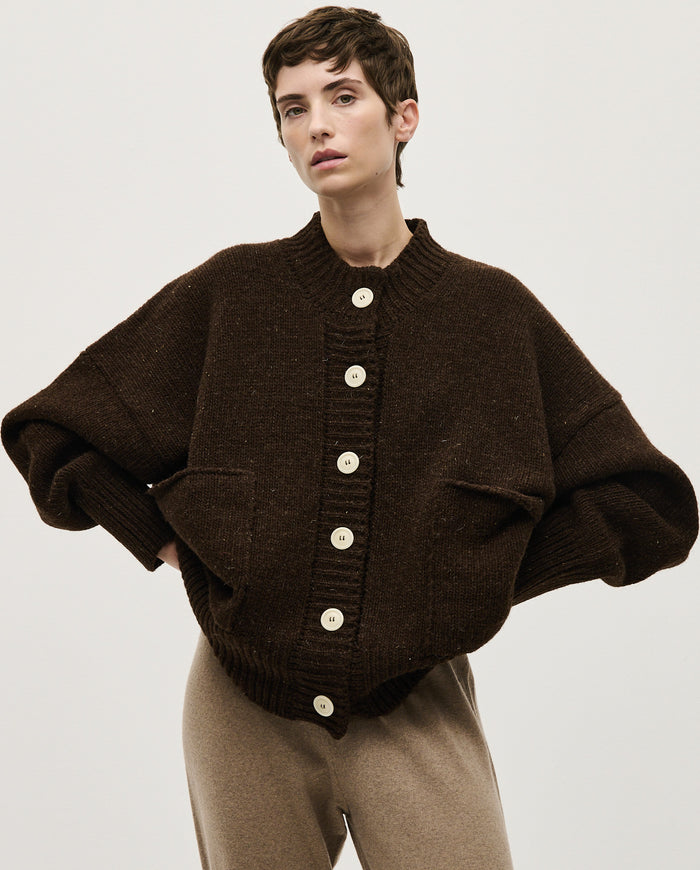 Babaà No11 Earth women's cardigan in soft earthy tone, featuring a cozy knit design and button closure.