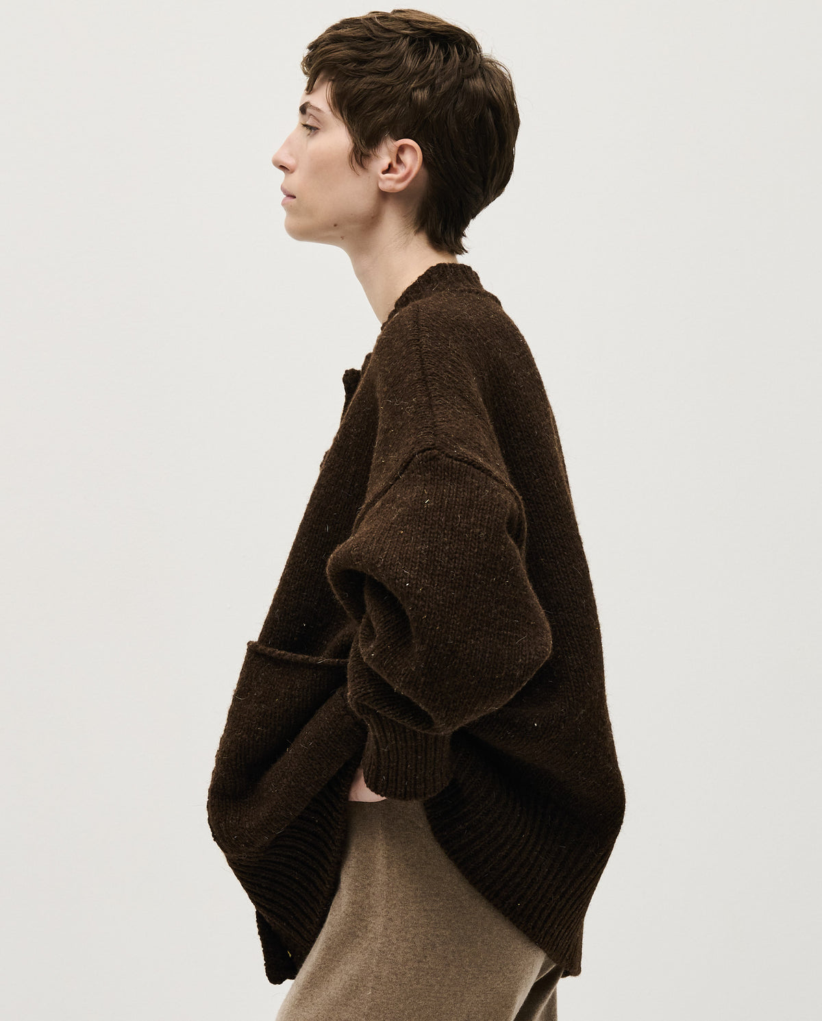 Babaà No11 Earth women's cardigan in soft, earthy-toned knit fabric, open-front design with long sleeves and relaxed fit.