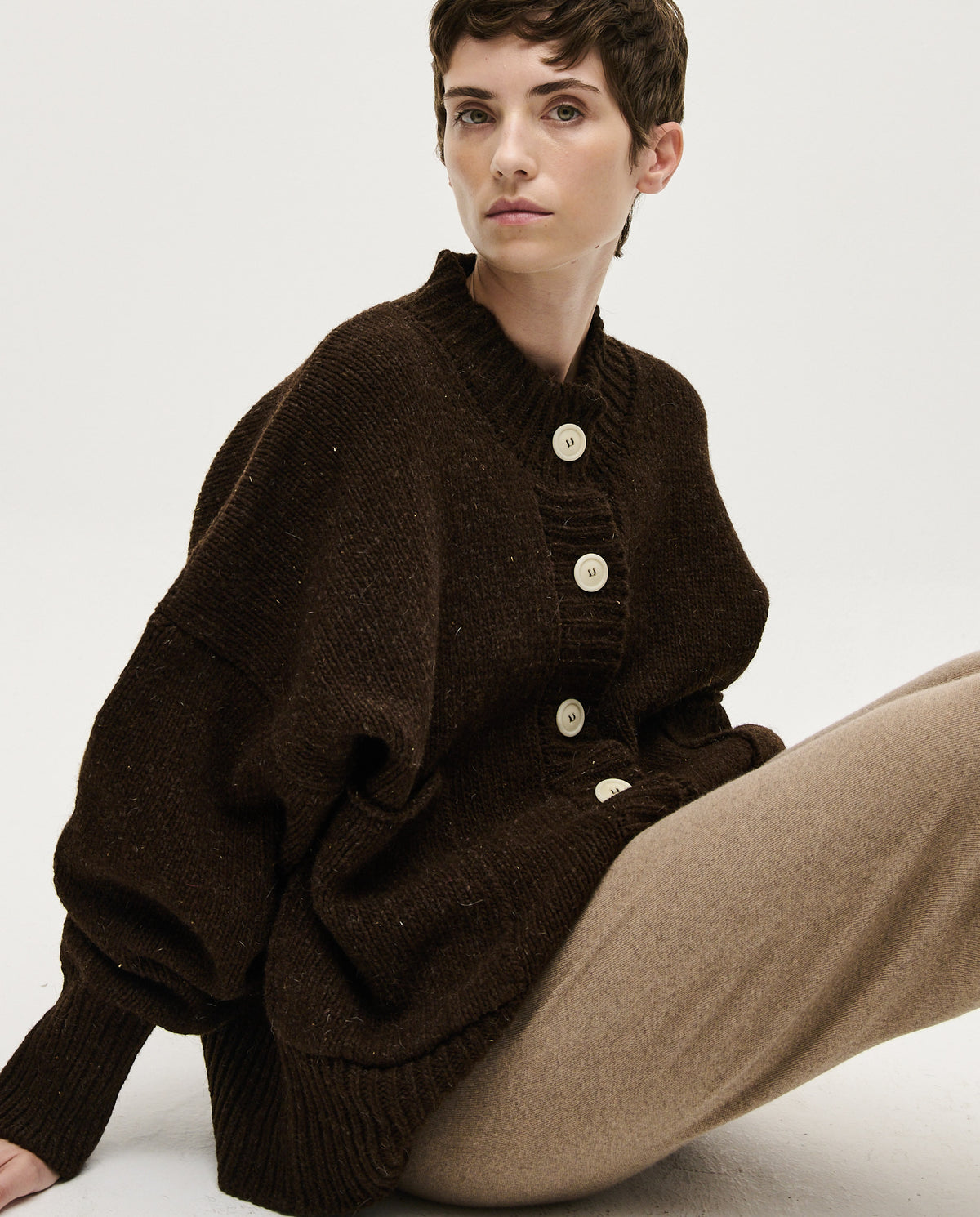 Women's Babaà No11 Earth cardigan featuring a cozy knit texture in earthy tones, perfect for casual or layered autumn style.