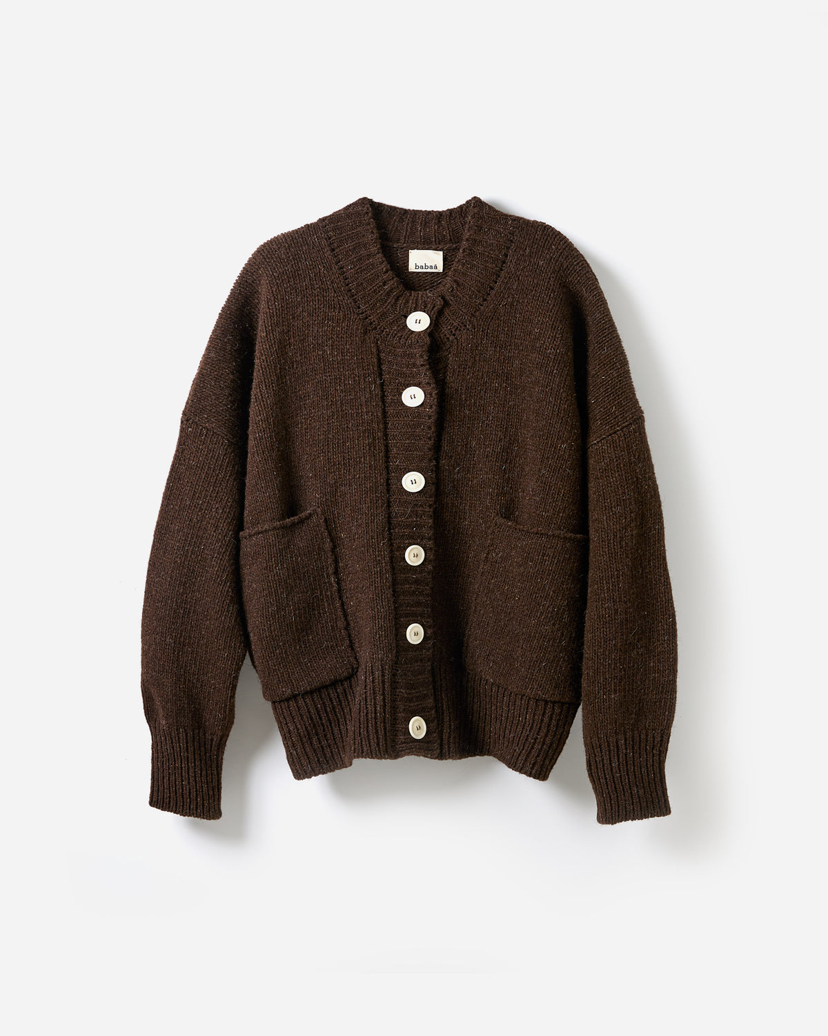 Babaà No11 Earth women's cardigan silhouette showing soft knit fabric in a relaxed fit style.