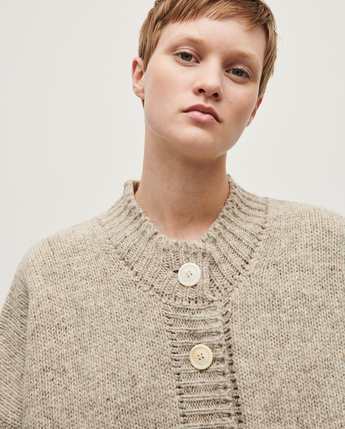 Light gray women's cardigan No11 Mist by Babaà, featuring a soft knit fabric and a relaxed fit.