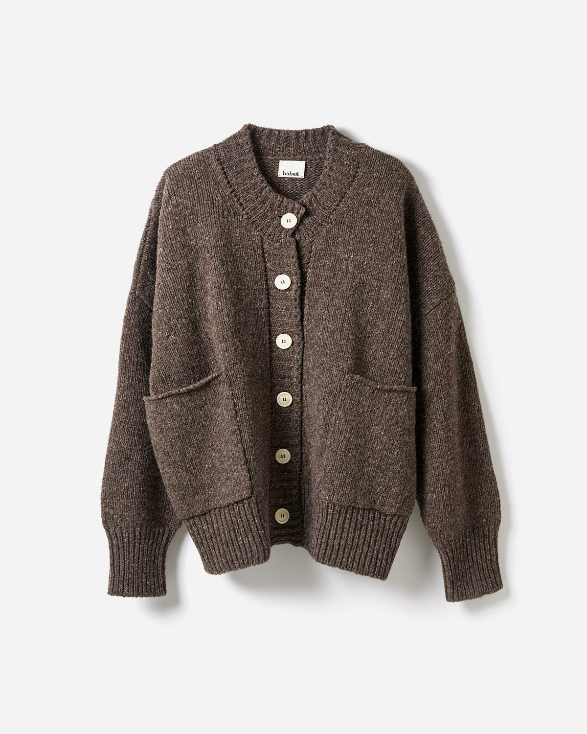 Babaà No11 Oak women's cardigan silhouette, soft knit fabric, long sleeves, open front, neutral beige color.