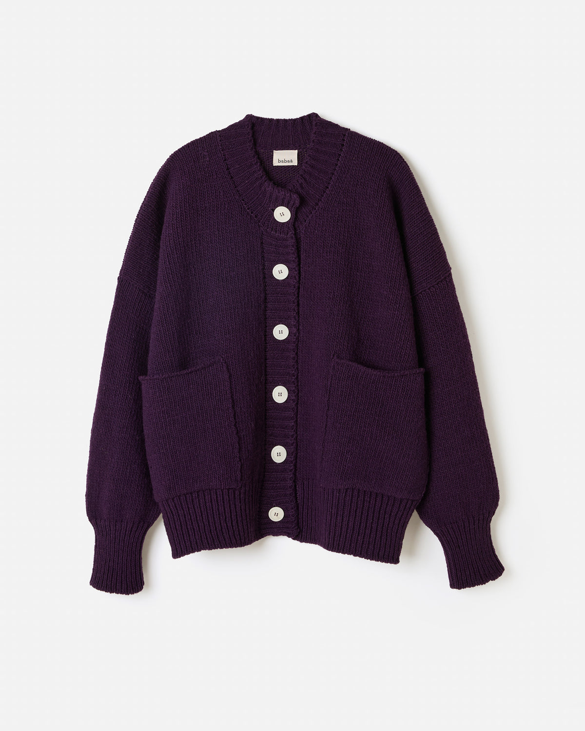 Purple Babaà No11 women's cardigan shown in silhouette with a relaxed fit and cozy knit fabric.