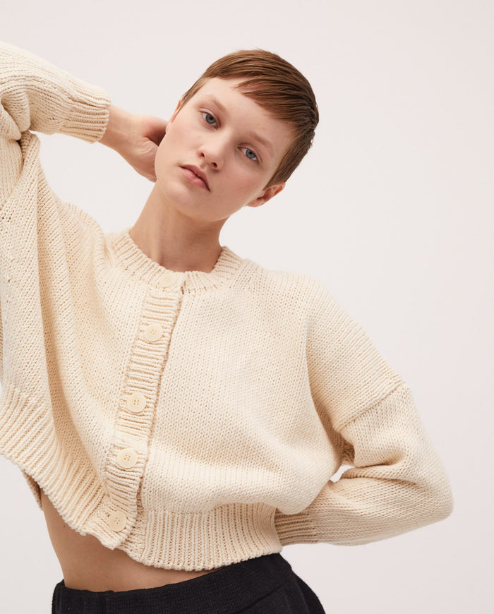Babaà No14 natural women's cardigan featuring a soft knit fabric and classic button-front design.