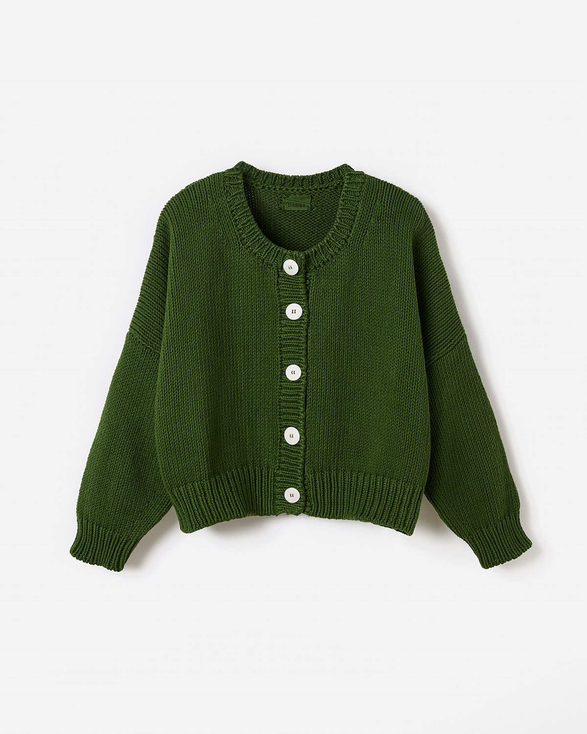 Babaà No14 Pine women's knit cardigan in soft green, shown in silhouette with long sleeves and button-front design.
