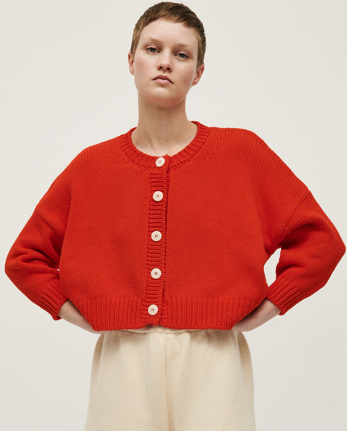 Babaà No14 Summer Flame women's cardigan with lightweight fabric and vibrant flame pattern, styled on a model.