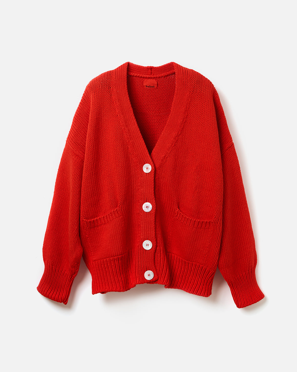 Silhouette of Babaà No16 Summer Flame women's cardigan, lightweight knit with vibrant flame color, displayed on a hanger.