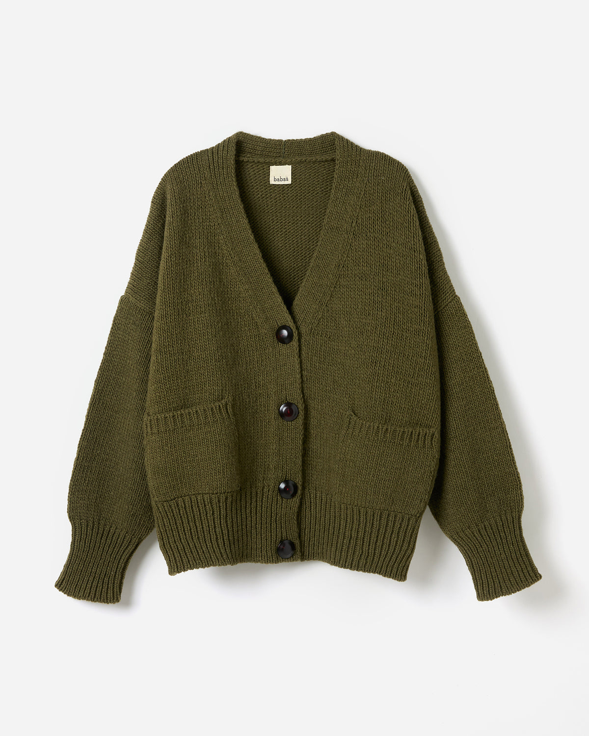 Silhouette of Babaà No17 Alga women's cardigan, showcasing its relaxed fit and soft fabric in a stylish silhouette.