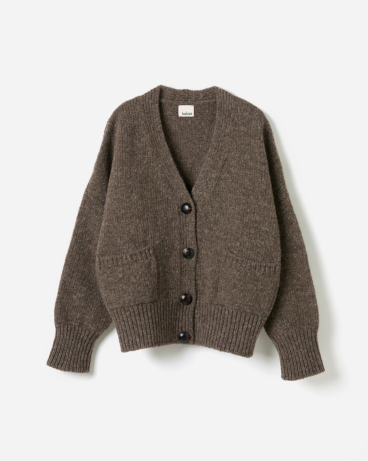 Babaà No17 Oak women's cardigan, soft knit with long sleeves and open front, shown in a silhouette view.