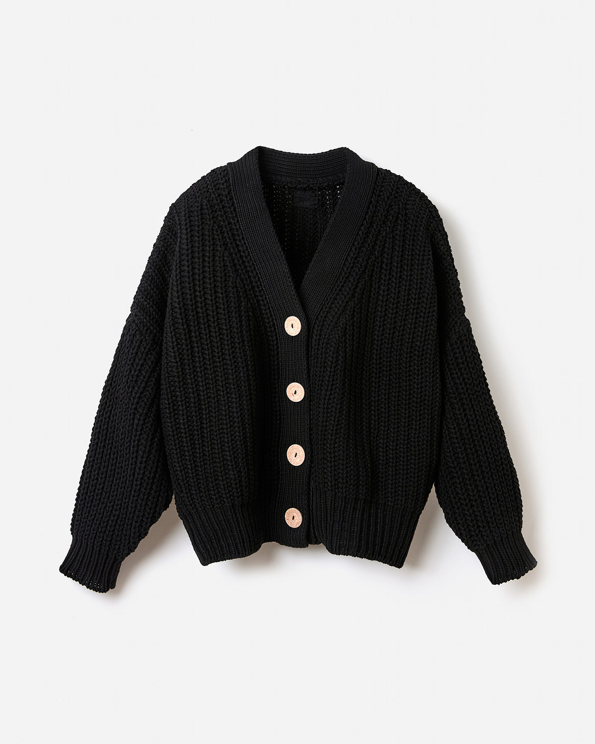 Black Babaà No18 women's cardigan displayed on a silhouette model, showcasing a stylish and versatile knitwear piece.