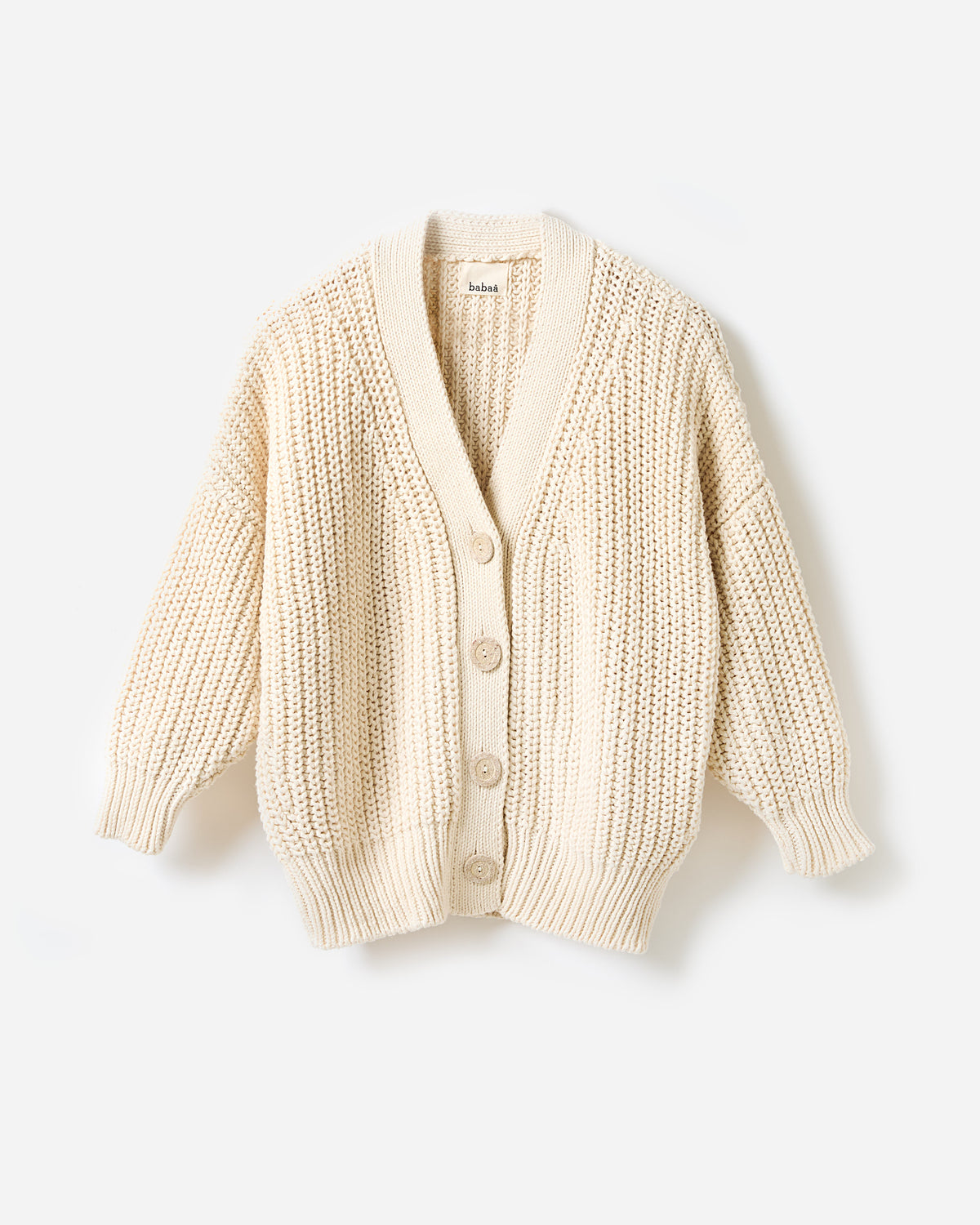 Babaà No18 natural women's cardigan displayed on a hanger with a relaxed fit and soft knit texture.