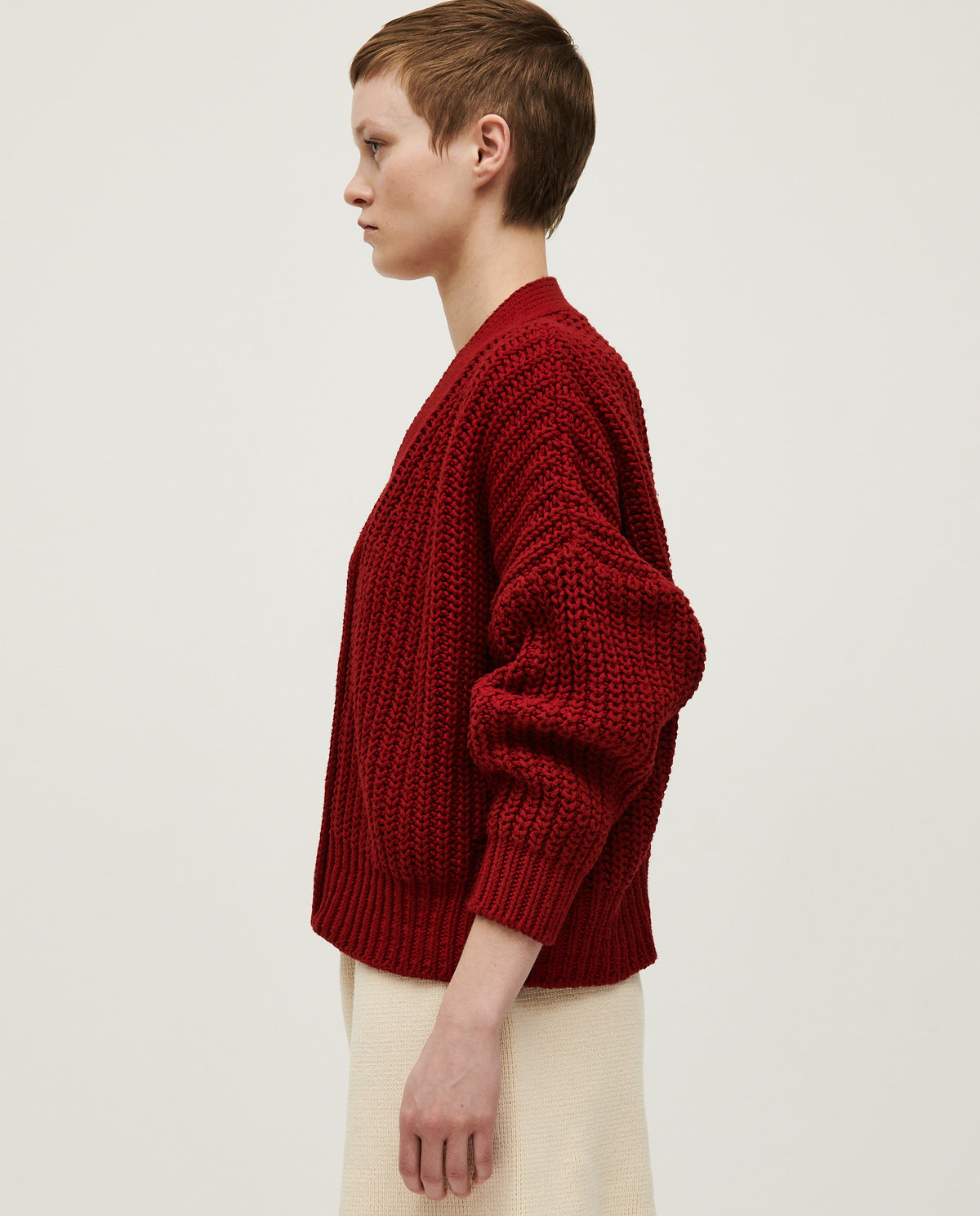 Babaà No18 Persephone women's cardigan in soft knit, featuring a relaxed fit and button details, styled on a woman.