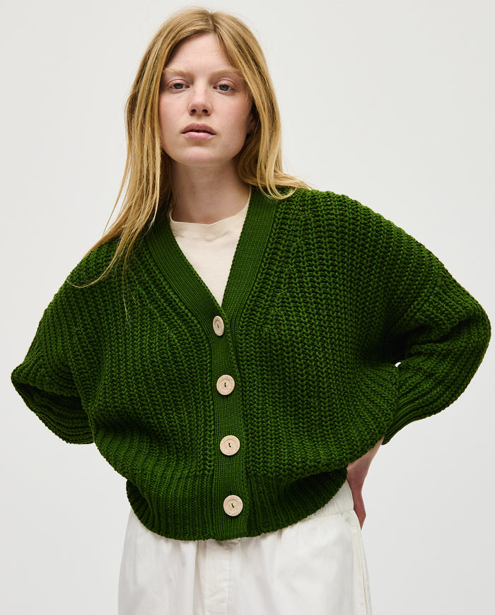 Babaà No18 Pine women's cardigan featuring a soft knit fabric, button closure, and a relaxed fit in a pine green color.