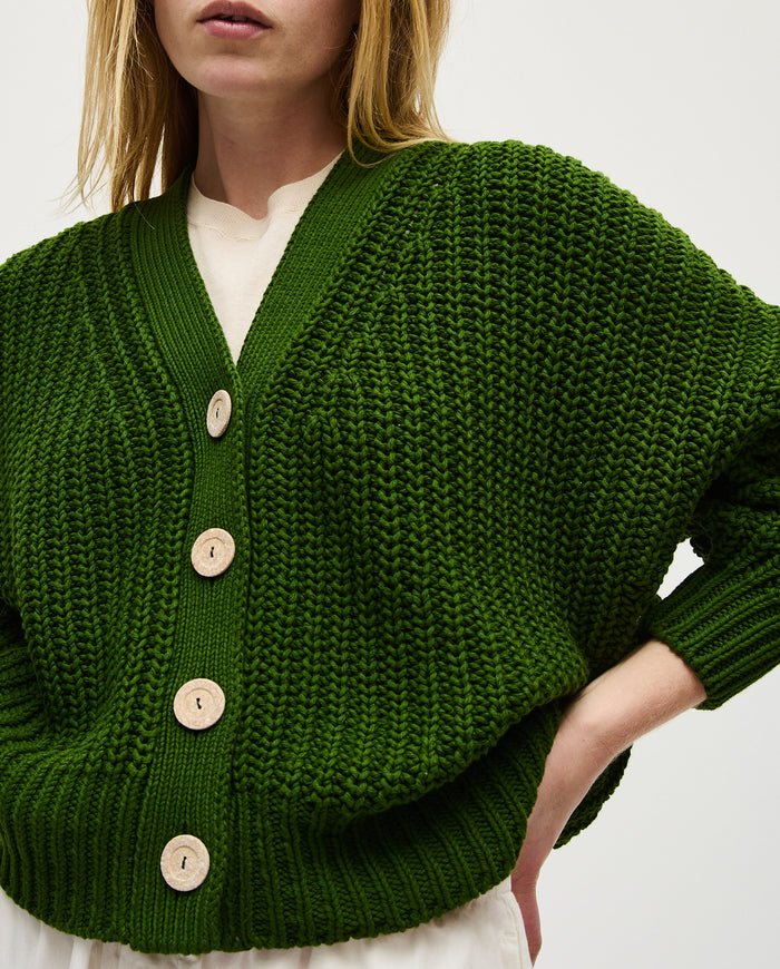 Babaà No18 Pine women's cardigan in soft pine green, with a cozy knit texture and button-up front.