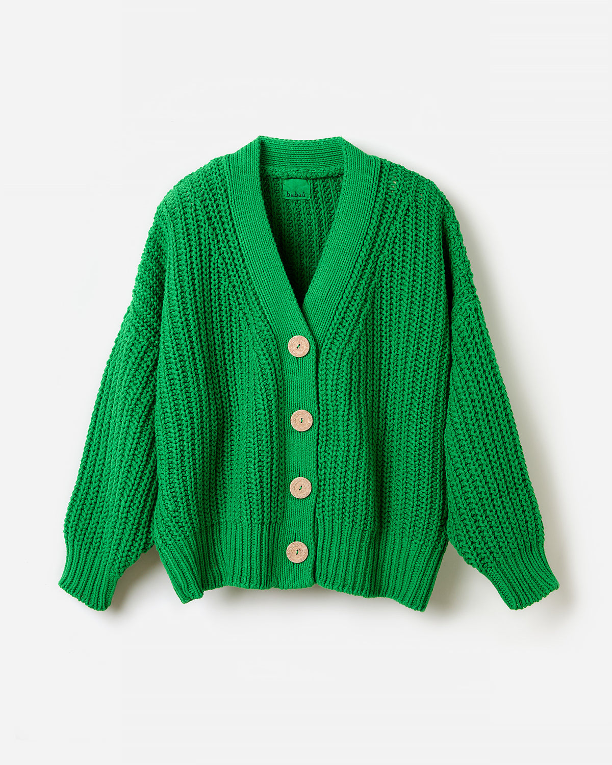 Silhouette of Babaà No18 Wild Fern women's cardigan displaying its relaxed fit and soft knit texture.