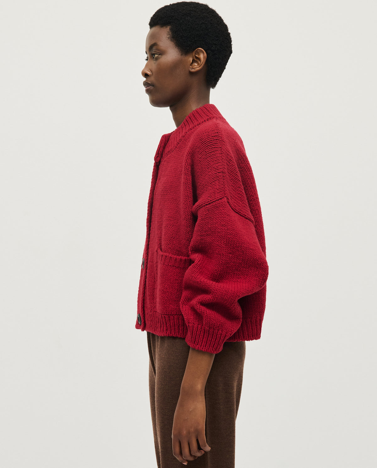 Babaà No23 Cereza women's cardigan, vibrant red knit with long sleeves and button front, cozy and stylish for casual wear.
