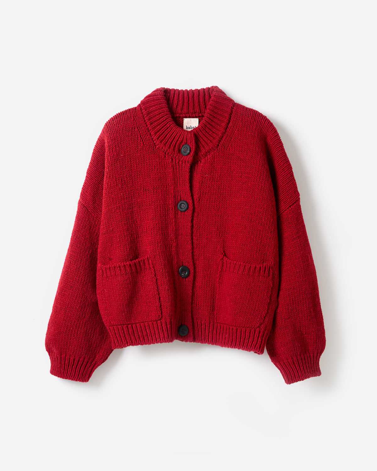 Babaà No23 Cereza women's cardigan, soft red knit with a relaxed fit, shown in a silhouette image.