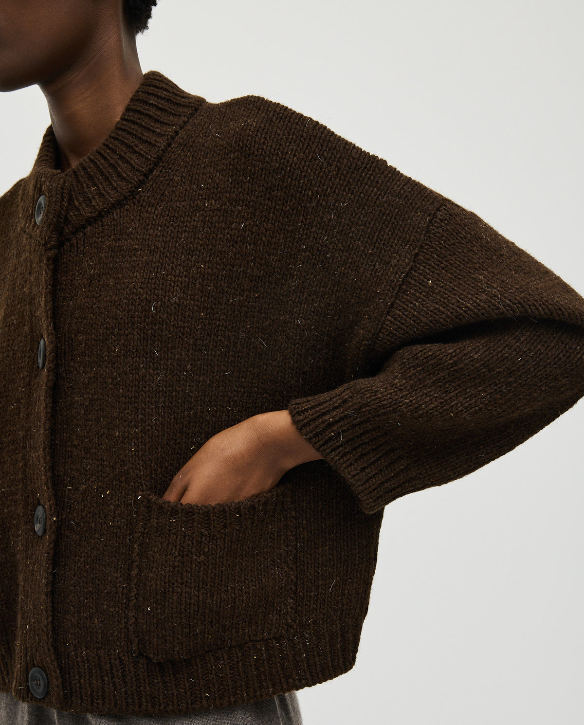 Babaà No23 Earth women's cardigan in soft brown knit, featuring button closure and cozy fit, perfect for casual wear.