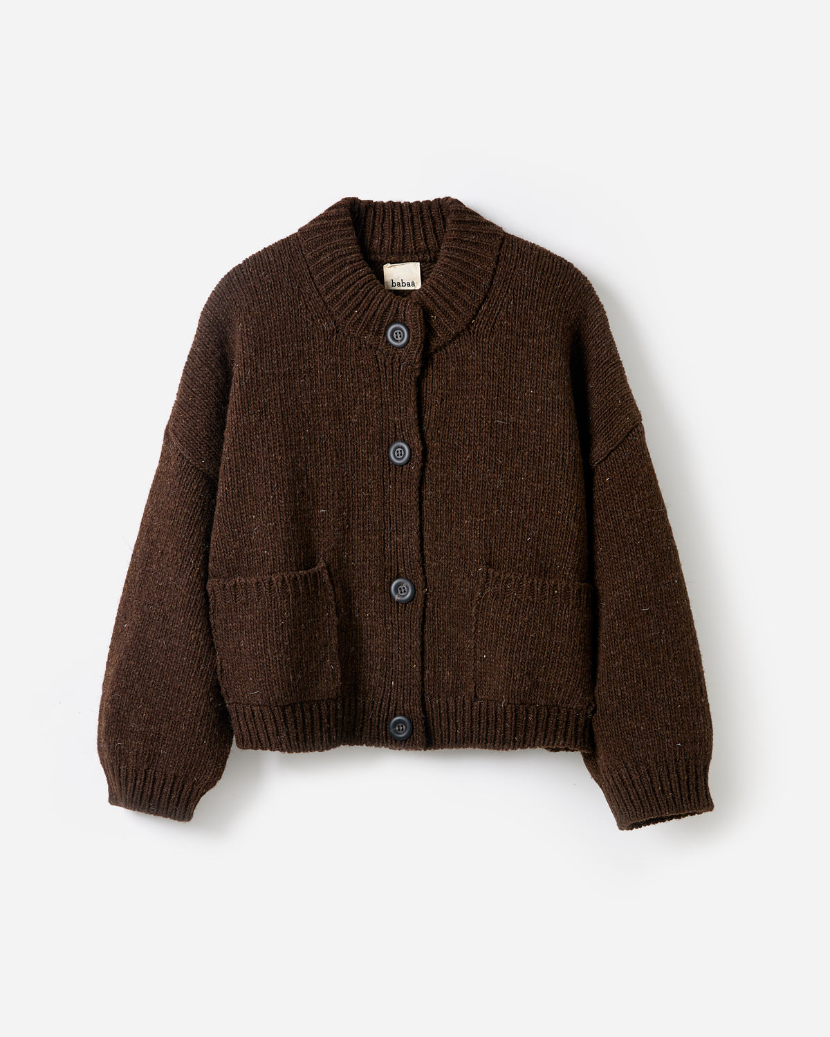 Silhouette of Babaà No23 Earth women's cardigan, showcasing its relaxed fit and earthy tone in a stylish, casual design.