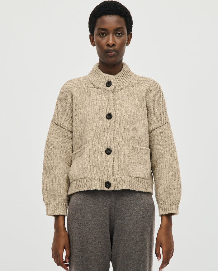Babaà No23 Mist women's cardigan featuring soft knit fabric and a relaxed fit, displayed in a neutral color.