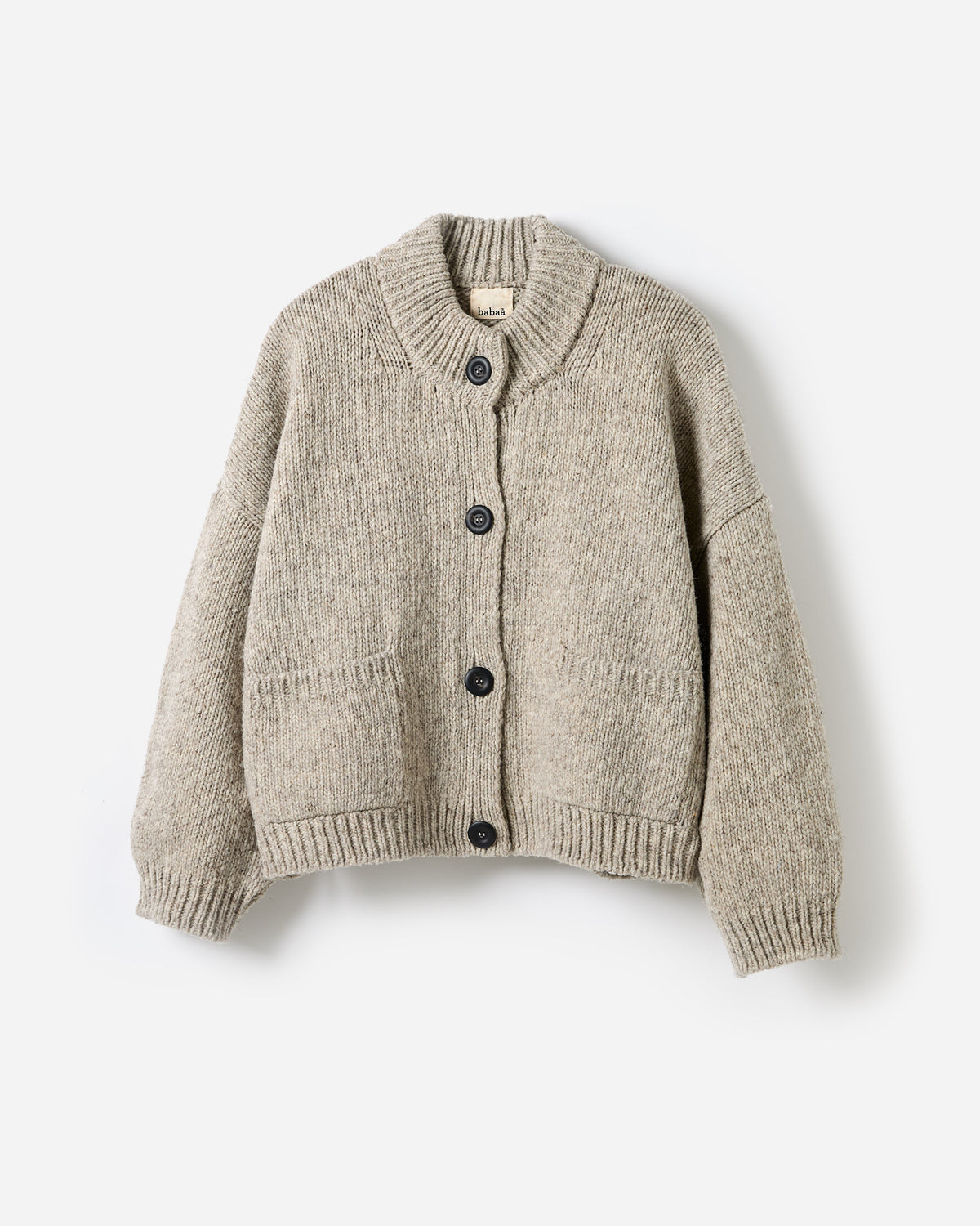 Silhouette of babaà No23 Mist women's cardigan showing soft knit fabric and relaxed fit, displayed on a neutral background.
