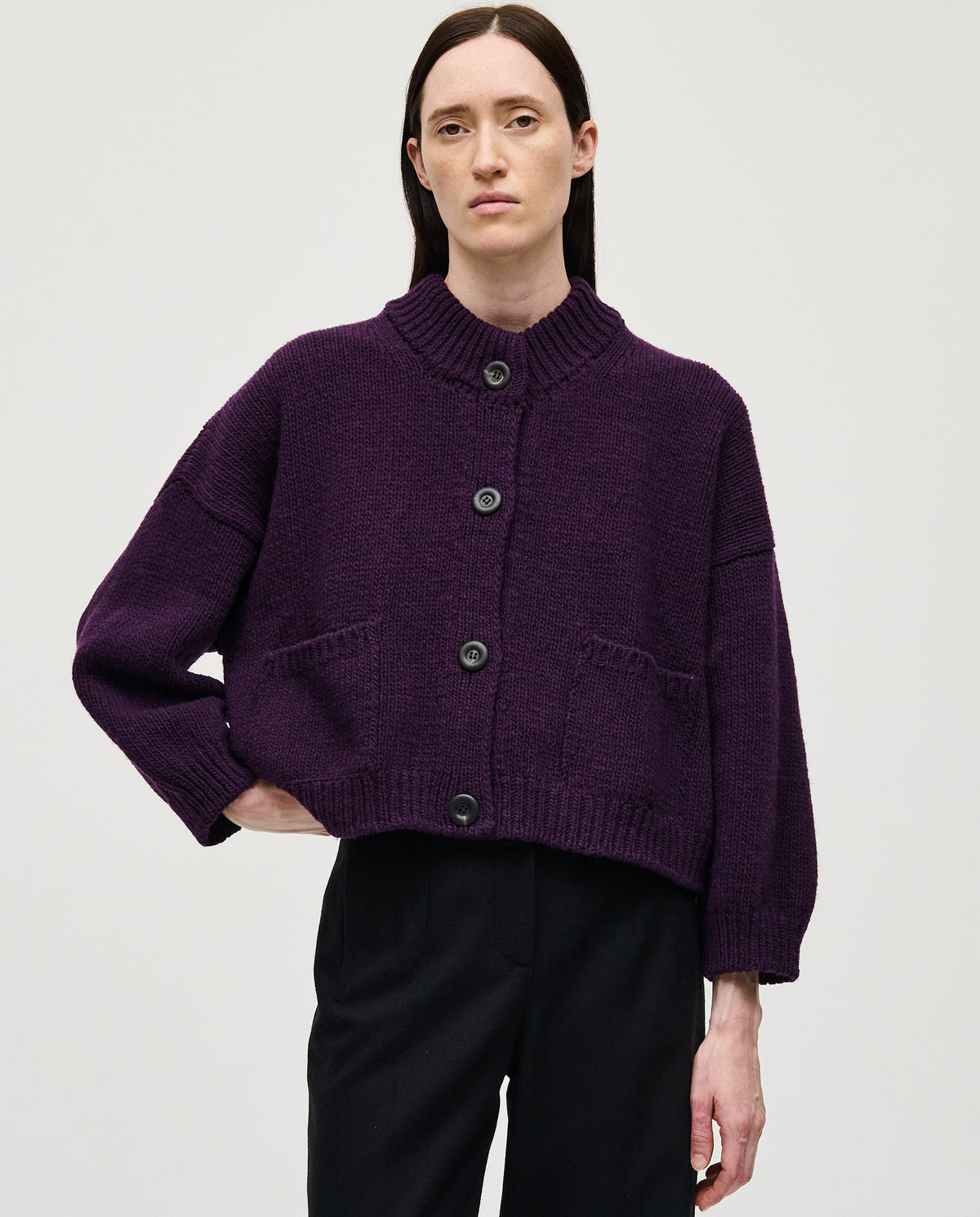 Purple Babaà No23 women's cardigan with a cozy knit texture, featuring a relaxed fit and button closure.