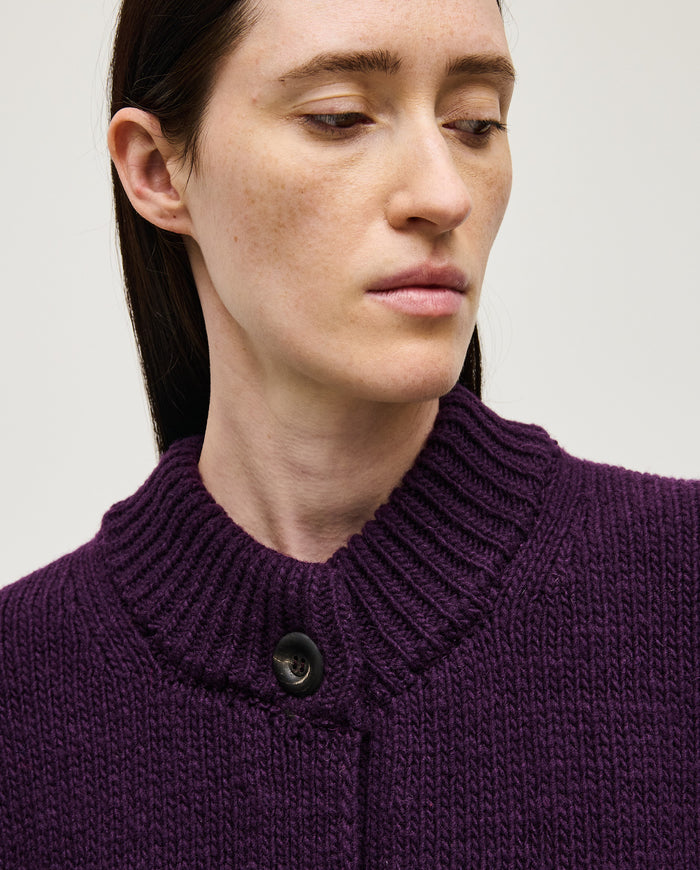 Purple Babaà No23 women's cardigan displayed on a model, featuring a soft knit fabric and classic button-up design.