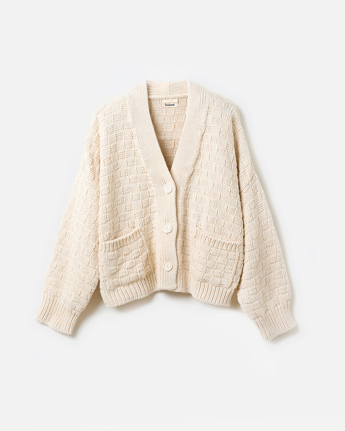 Babaà no3 natural women's cardigan with relaxed fit, lightweight knit, and open front, shown in silhouette.