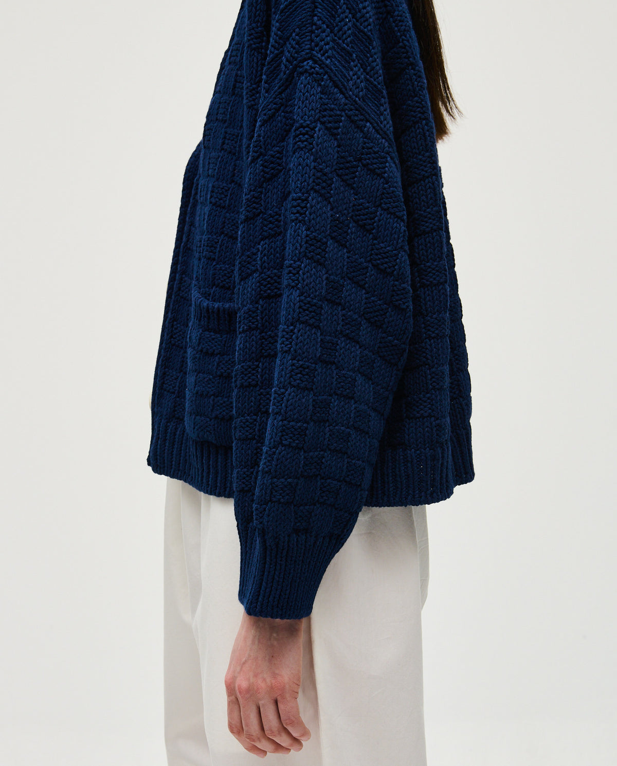 Navy Babaà No3 women's cardigan with long sleeves and button-front, soft knit fabric, displayed on a white background.