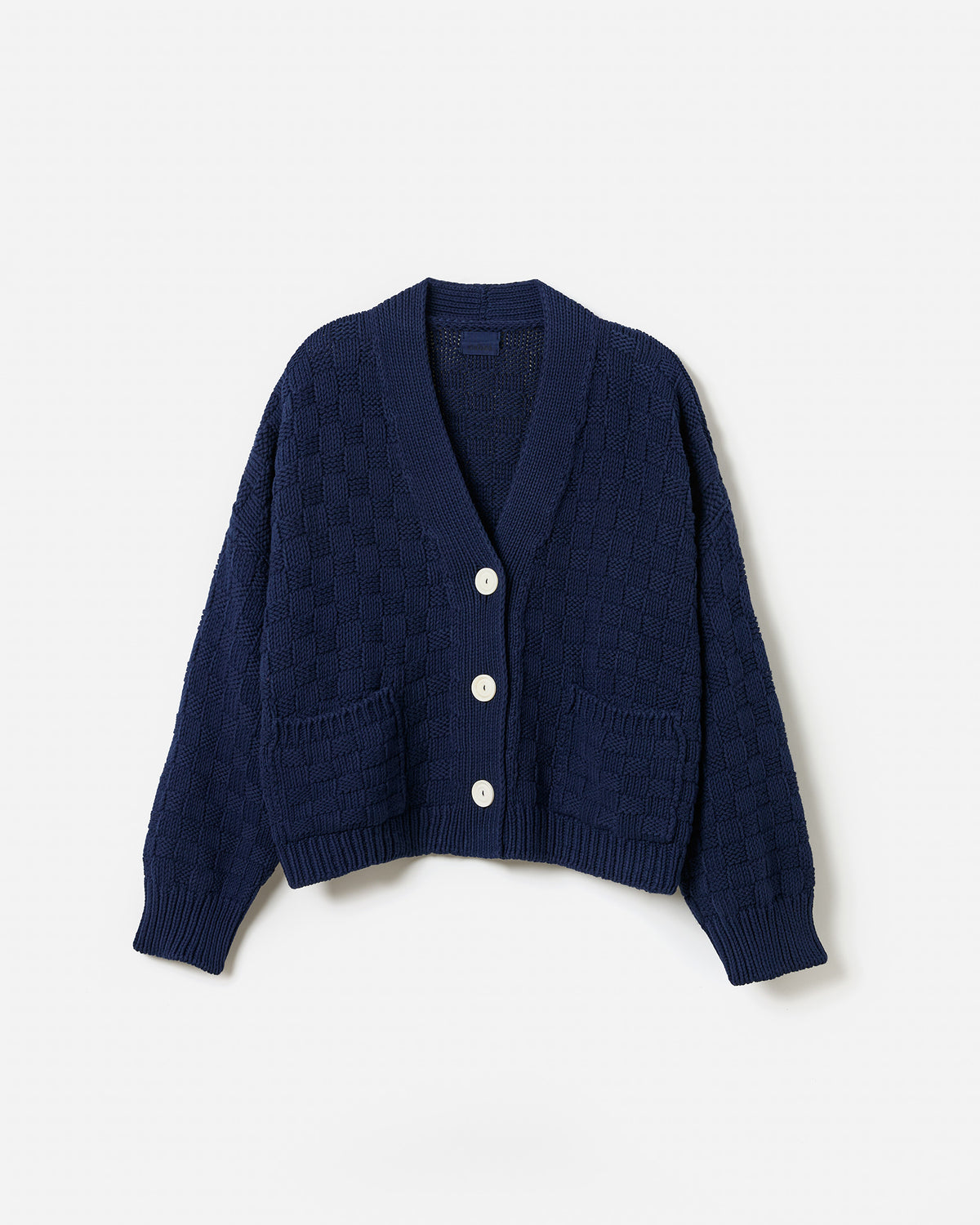 Navy women's cardigan No3 by Babaà, soft knit fabric with a relaxed fit, shown on a silhouette model.