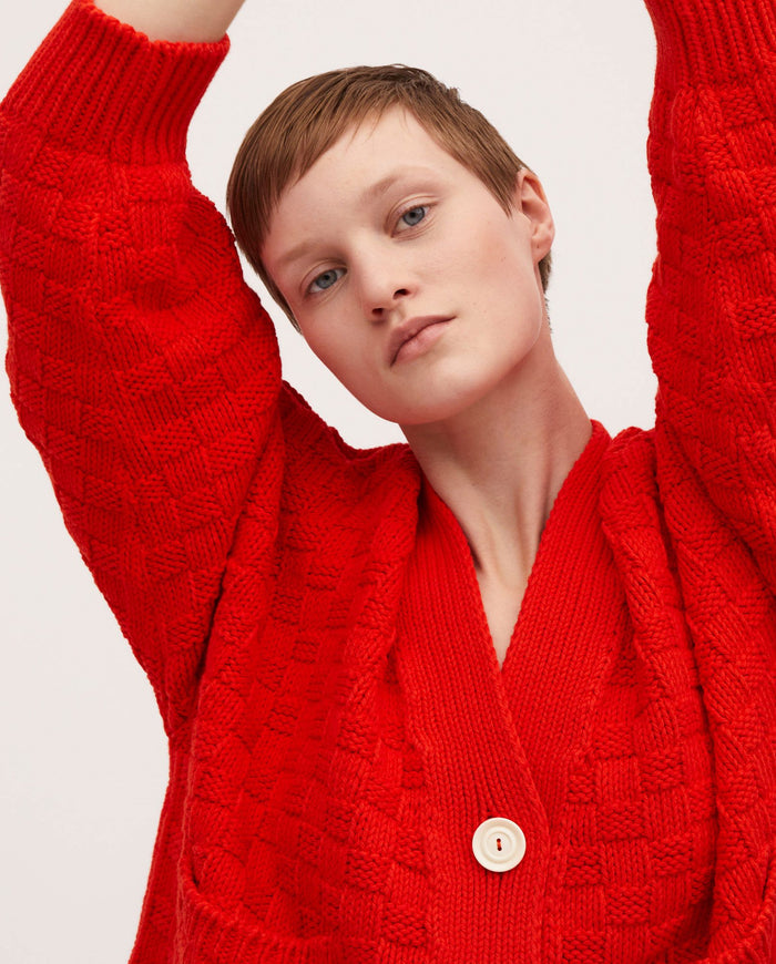 Babaà No3 Summer Flame women's cardigan with bright flame-colored knit, casual long-sleeve sweater for warm weather.