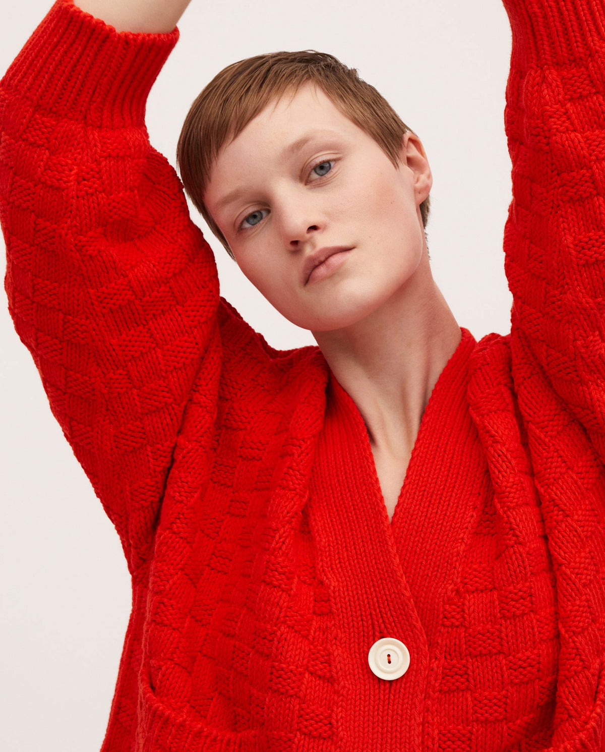 Babaà No3 Summer Flame women's cardigan with bright flame-colored knit, casual long-sleeve sweater for warm weather.