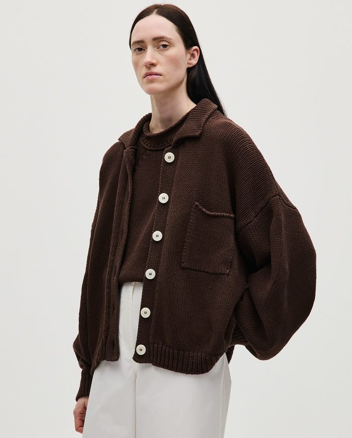 Babaà No44 husk women's cardigan featuring a soft, textured knit fabric and a relaxed fit, styled with buttons and long sleeves.