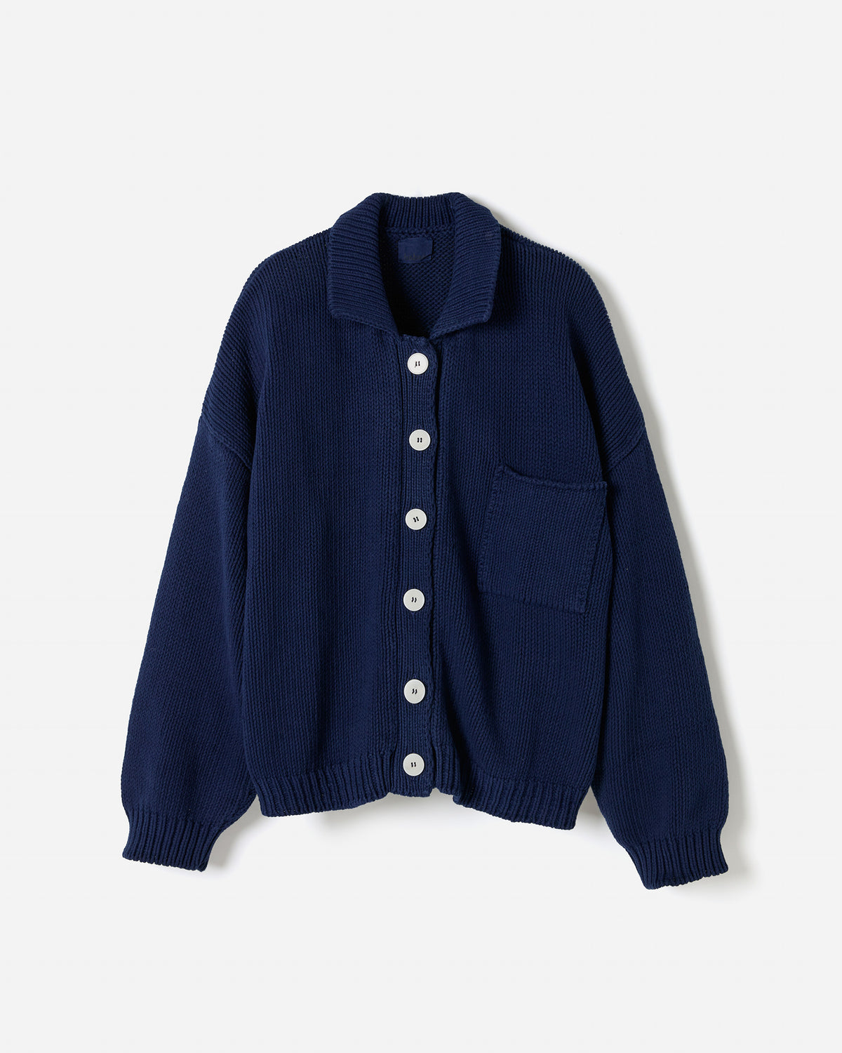 Navy Babaà No44 women's cardigan displayed on a hanger, featuring a soft knit fabric and classic button-front design.