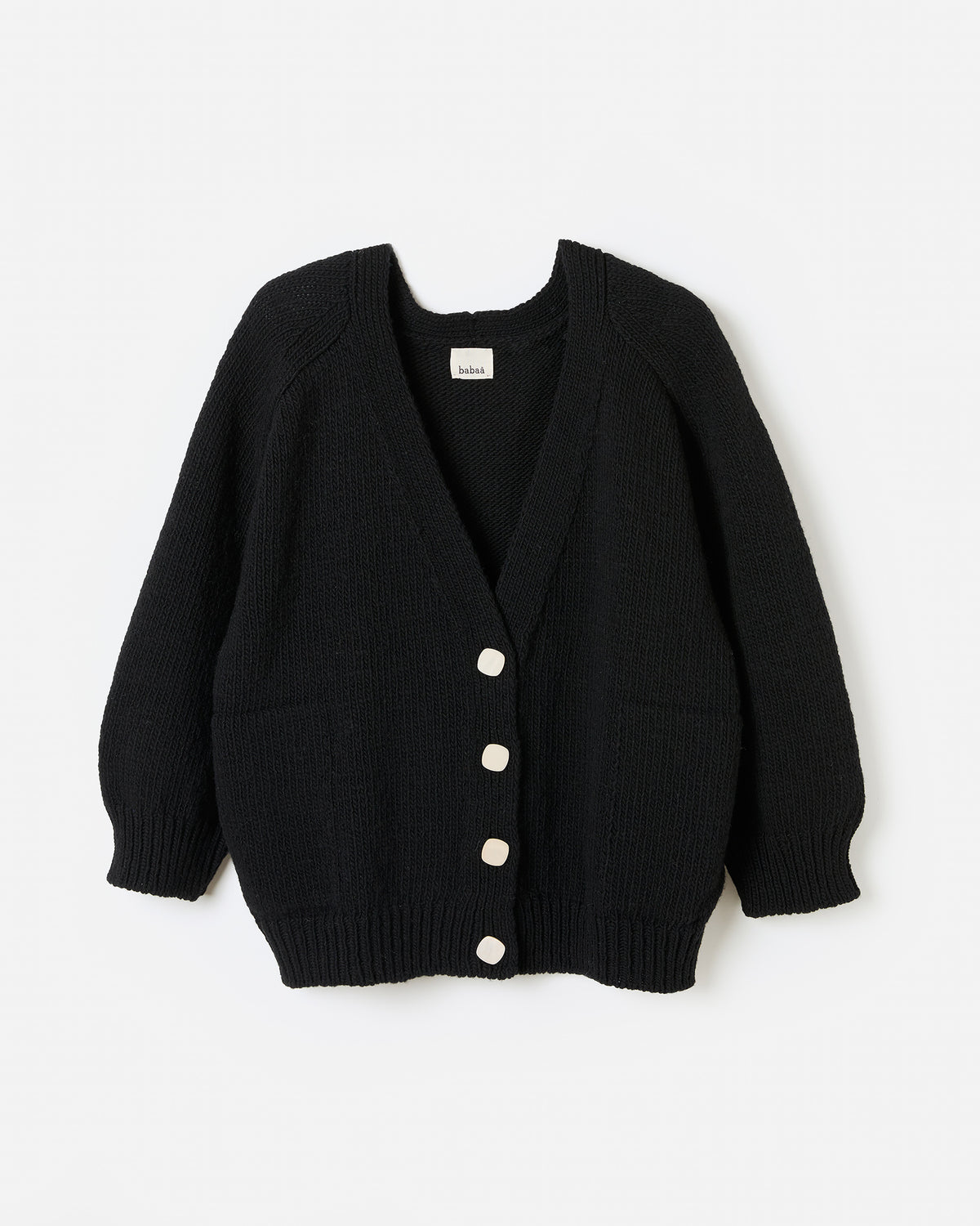 Black Babaà no51 women's cardigan shown in a sleek, silhouette view highlighting the soft knit fabric and classic design.